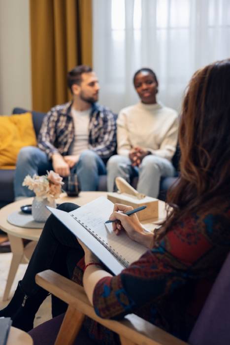 Therapist writing while diverse couple is sitting on couch during counseling